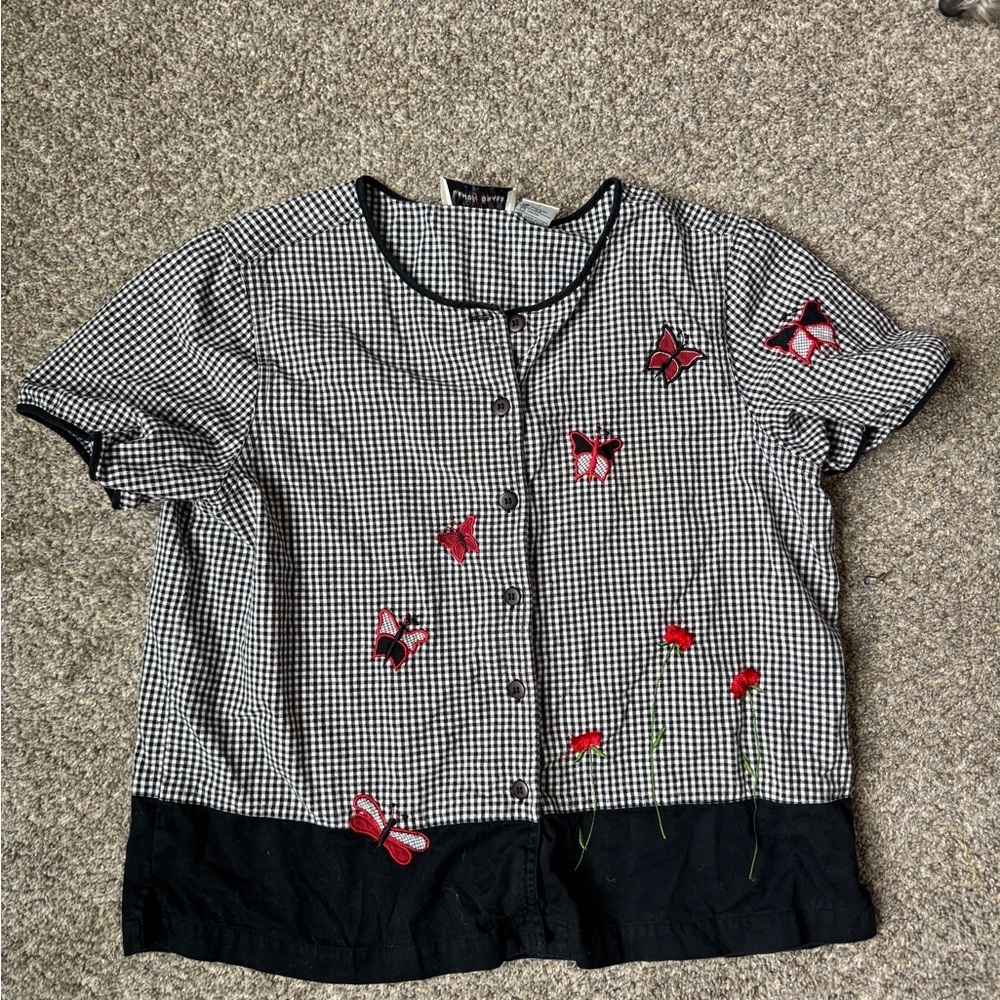 Gingham Button-Up Top with Red Butterfly Embroidery